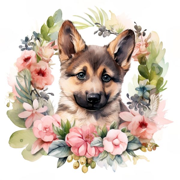 Watercolor German Shepherd Puppy Clipart: Floral Wreath (PNG JPG, 300 DPI) — image 8