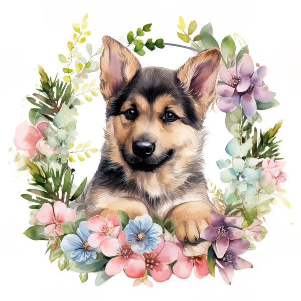 Watercolor German Shepherd Puppy Clipart: Floral Wreath (PNG JPG, 300 DPI) — image 9
