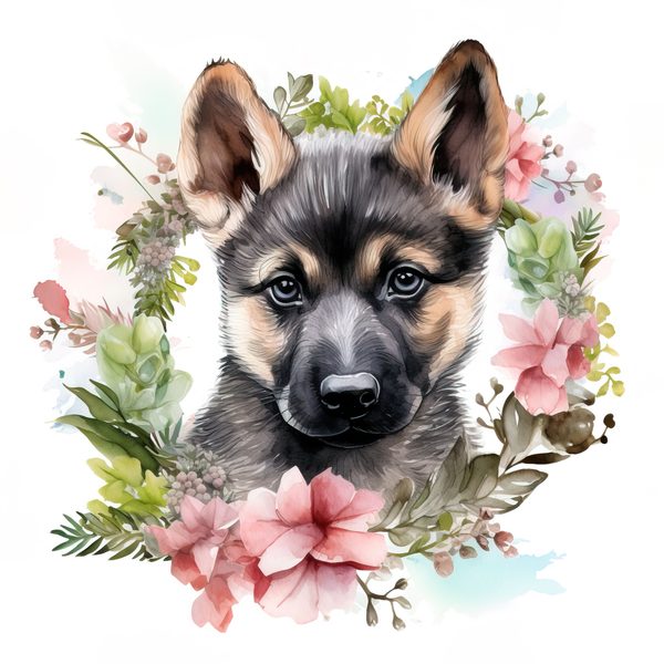 Watercolor German Shepherd Puppy Clipart: Floral Wreath (PNG JPG, 300 DPI) — image 10
