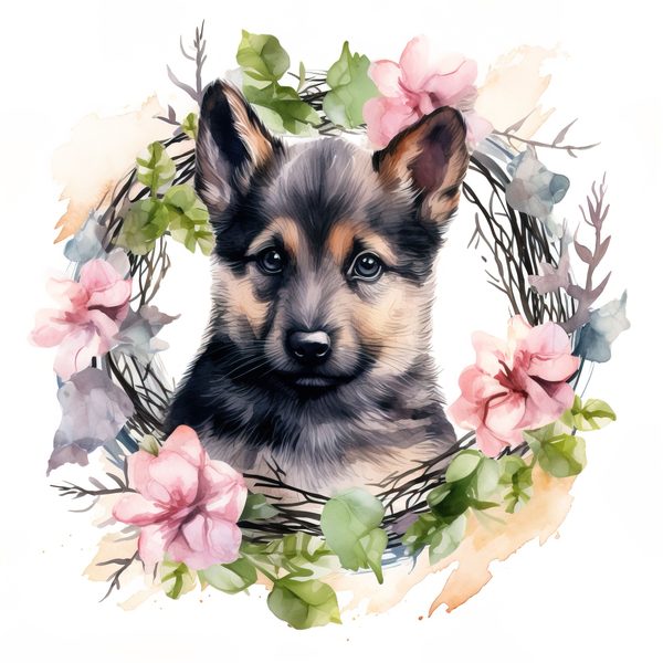Watercolor German Shepherd Puppy Clipart: Floral Wreath (PNG JPG, 300 DPI) — image 11