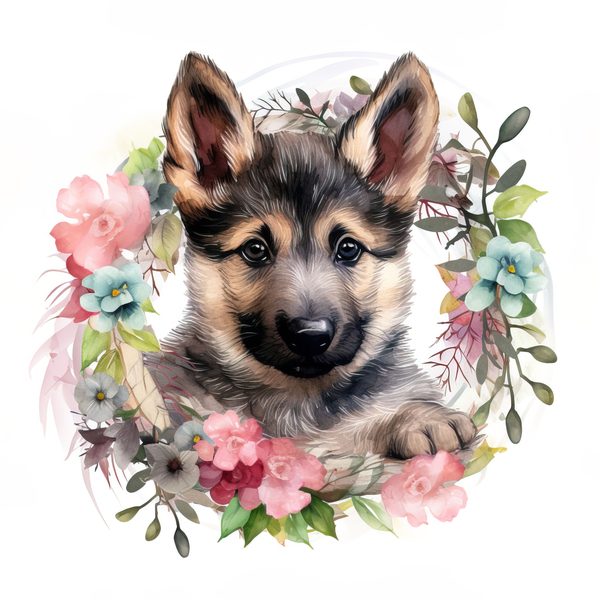 Watercolor German Shepherd Puppy Clipart: Floral Wreath (PNG JPG, 300 DPI) — image 12