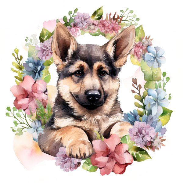 Watercolor German Shepherd Puppy Clipart: Floral Wreath (PNG JPG, 300 DPI) — image 13