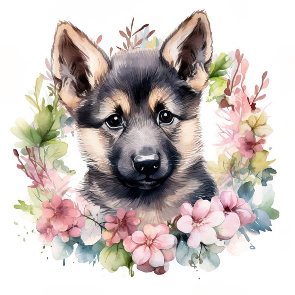 Watercolor German Shepherd Puppy Clipart: Floral Wreath (PNG JPG, 300 DPI) — image 14