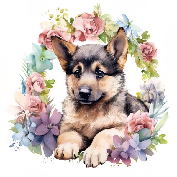 Watercolor German Shepherd Puppy Clipart: Floral Wreath (PNG JPG, 300 DPI) — image 15