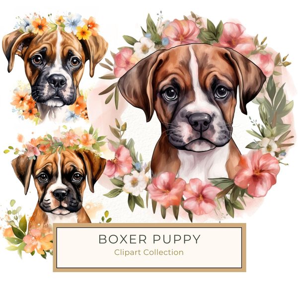 Watercolor Boxer Puppy Clipart: Floral Wreath Dog Art (PNG JPG)