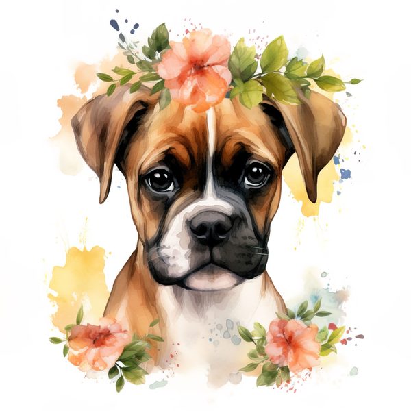 Watercolor Boxer Puppy Clipart: Floral Wreath Dog Art (PNG JPG) — image 1