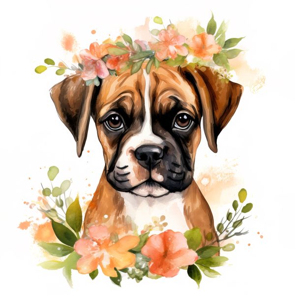 Watercolor Boxer Puppy Clipart: Floral Wreath Dog Art (PNG JPG) — image 2