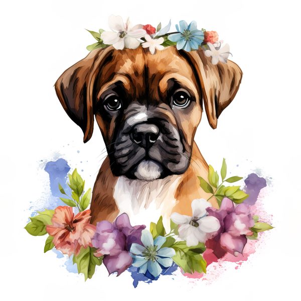 Watercolor Boxer Puppy Clipart: Floral Wreath Dog Art (PNG JPG) — image 3