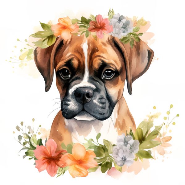 Watercolor Boxer Puppy Clipart: Floral Wreath Dog Art (PNG JPG) — image 4