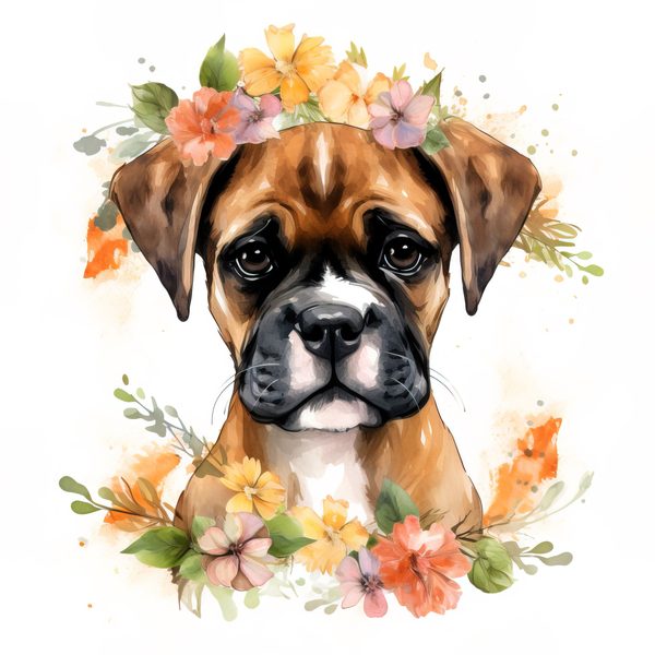 Watercolor Boxer Puppy Clipart: Floral Wreath Dog Art (PNG JPG) — image 5