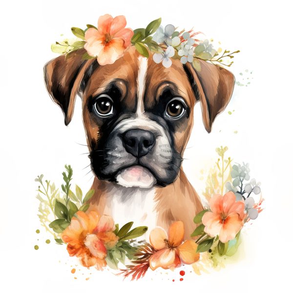 Watercolor Boxer Puppy Clipart: Floral Wreath Dog Art (PNG JPG) — image 6