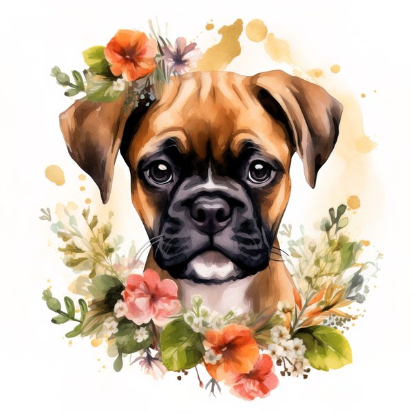 Watercolor Boxer Puppy Clipart: Floral Wreath Dog Art (PNG JPG) — image 7