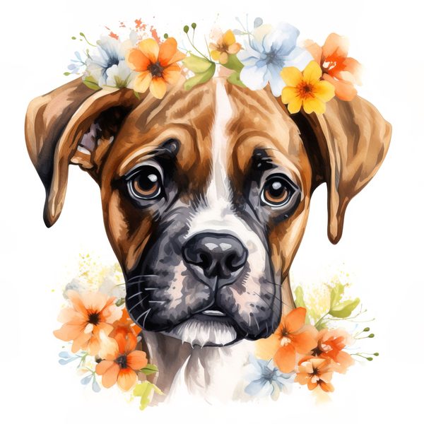 Watercolor Boxer Puppy Clipart: Floral Wreath Dog Art (PNG JPG) — image 8