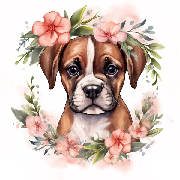 Watercolor Boxer Puppy Clipart: Floral Wreath Dog Art (PNG JPG) — image 9