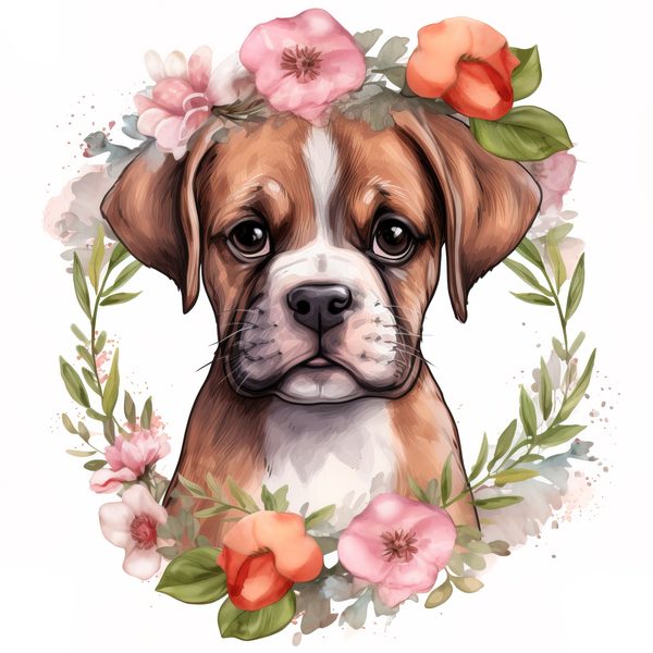 Watercolor Boxer Puppy Clipart: Floral Wreath Dog Art (PNG JPG) — image 10