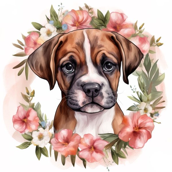 Watercolor Boxer Puppy Clipart: Floral Wreath Dog Art (PNG JPG) — image 11
