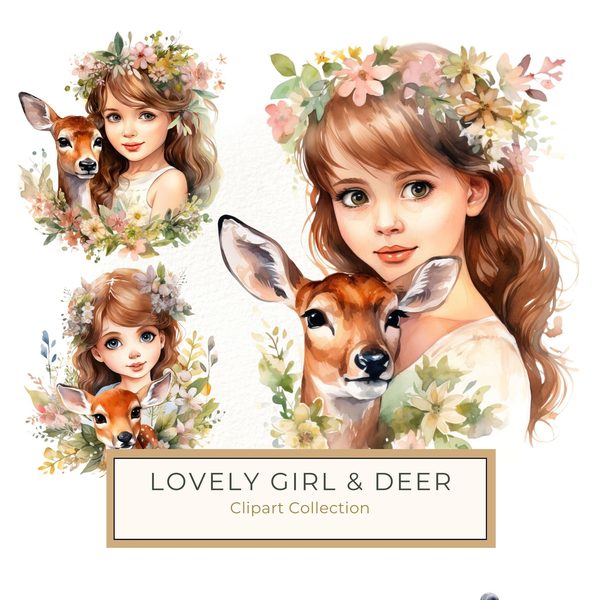 Girl and Deer Clipart: Floral Whimsical Art Prints (Commercial Use)