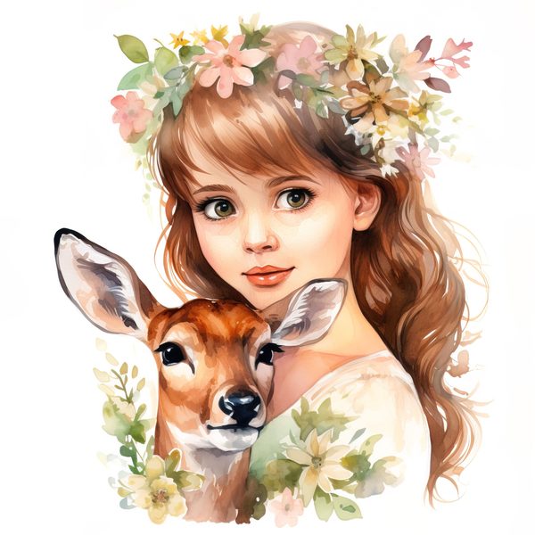 Girl and Deer Clipart: Floral Whimsical Art Prints (Commercial Use) — image 1