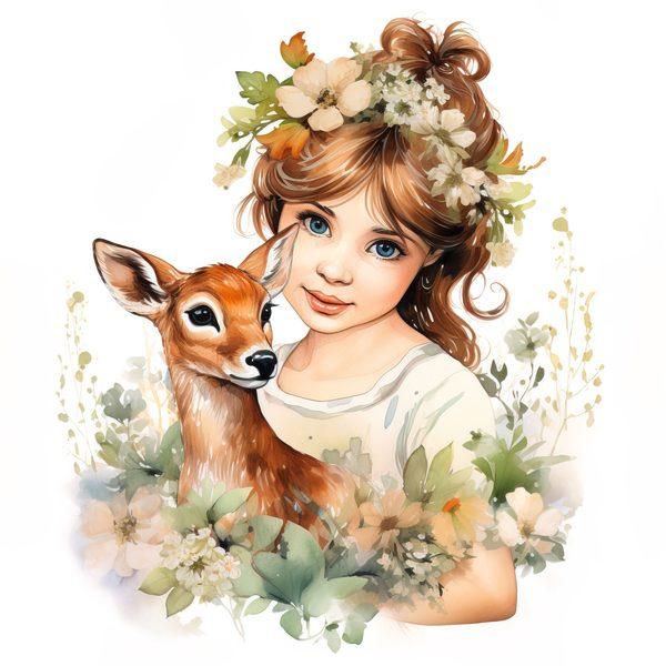 Girl and Deer Clipart: Floral Whimsical Art Prints (Commercial Use) — image 2