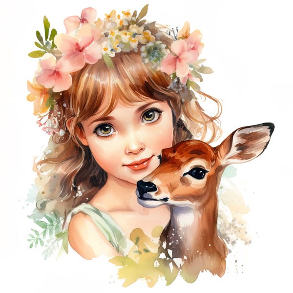 Girl and Deer Clipart: Floral Whimsical Art Prints (Commercial Use) — image 3
