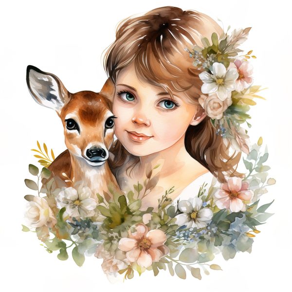 Girl and Deer Clipart: Floral Whimsical Art Prints (Commercial Use) — image 4