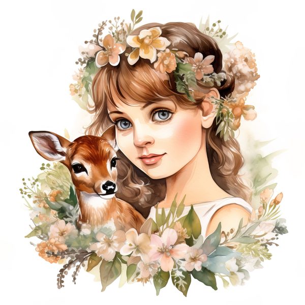 Girl and Deer Clipart: Floral Whimsical Art Prints (Commercial Use) — image 5