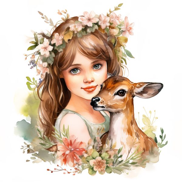 Girl and Deer Clipart: Floral Whimsical Art Prints (Commercial Use) — image 6