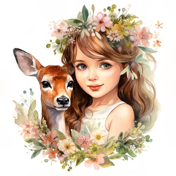 Girl and Deer Clipart: Floral Whimsical Art Prints (Commercial Use) — image 7