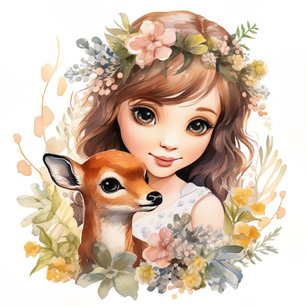 Girl and Deer Clipart: Floral Whimsical Art Prints (Commercial Use) — image 8
