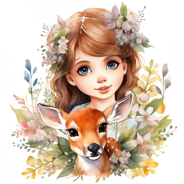 Girl and Deer Clipart: Floral Whimsical Art Prints (Commercial Use) — image 9