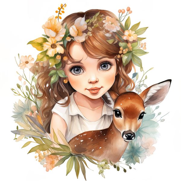 Girl and Deer Clipart: Floral Whimsical Art Prints (Commercial Use) — image 10
