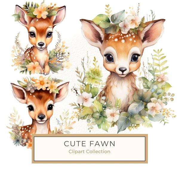 Floral Deer Clipart, Whimsical Fawn Illustration, Commercial Use (PNG JPG)