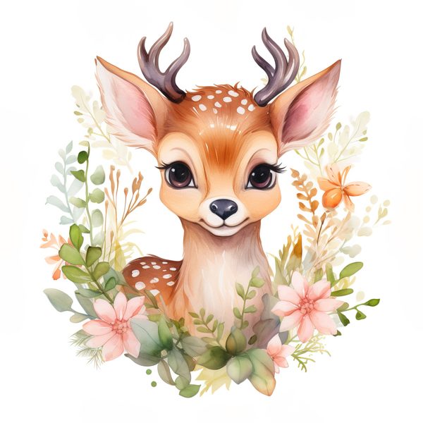 Floral Deer Clipart, Whimsical Fawn Illustration, Commercial Use (PNG JPG) — image 3