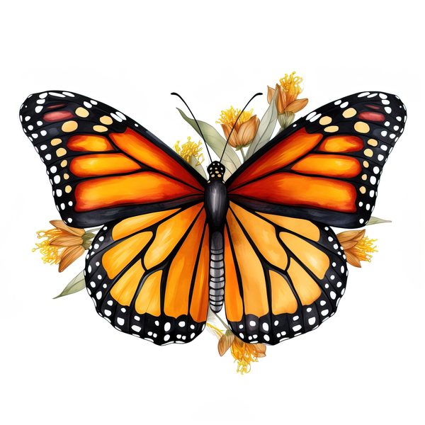 Watercolor Monarch Butterfly Clipart: Pink Flowers, Scrapbooking (JPG, PNG) — image 1