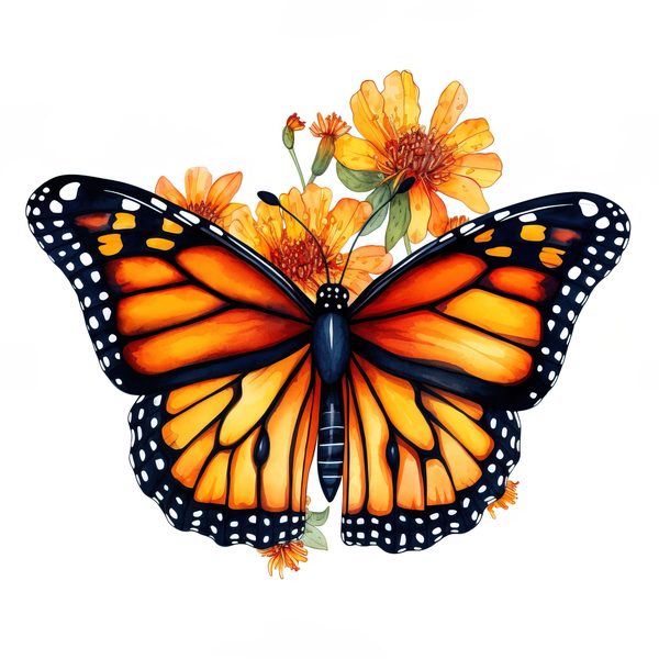 Watercolor Monarch Butterfly Clipart: Pink Flowers, Scrapbooking (JPG, PNG) — image 2