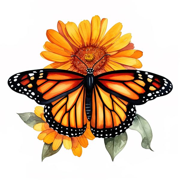 Watercolor Monarch Butterfly Clipart: Pink Flowers, Scrapbooking (JPG, PNG) — image 3