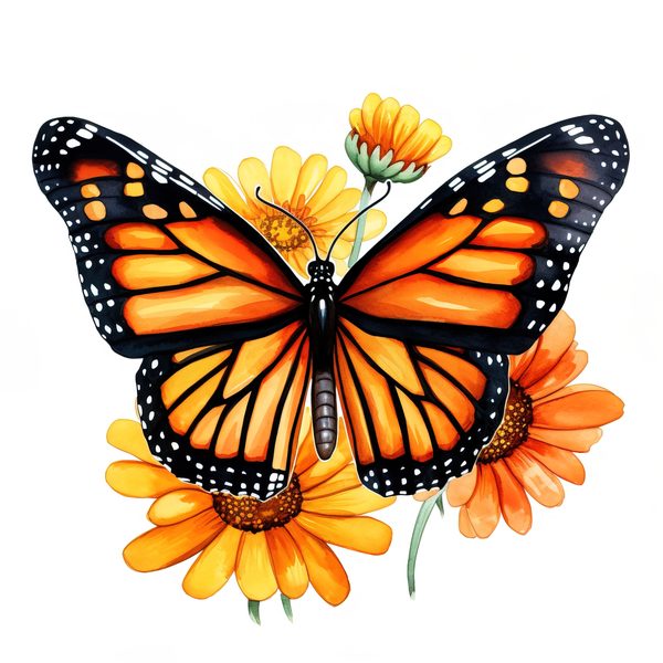 Watercolor Monarch Butterfly Clipart: Pink Flowers, Scrapbooking (JPG, PNG) — image 4