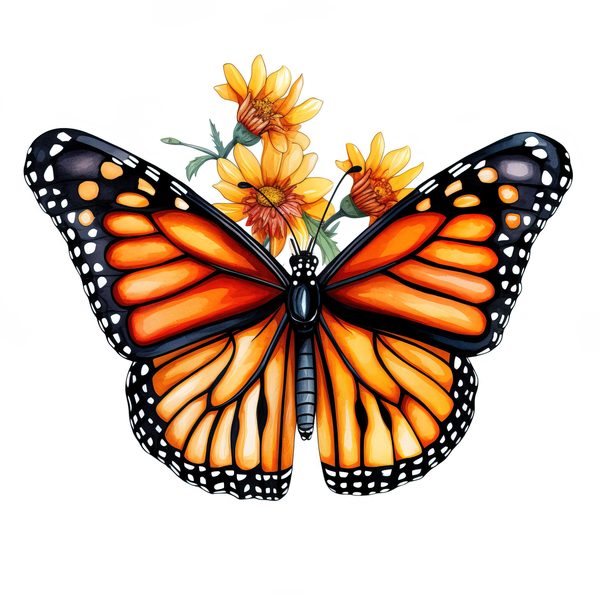 Watercolor Monarch Butterfly Clipart: Pink Flowers, Scrapbooking (JPG, PNG) — image 6
