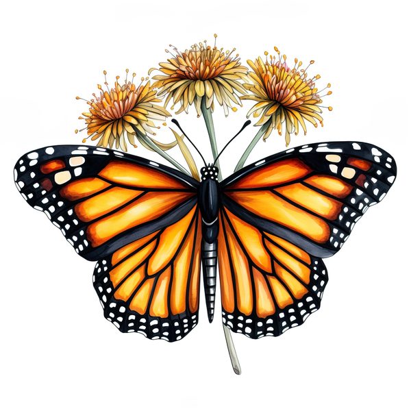 Watercolor Monarch Butterfly Clipart: Pink Flowers, Scrapbooking (JPG, PNG) — image 9