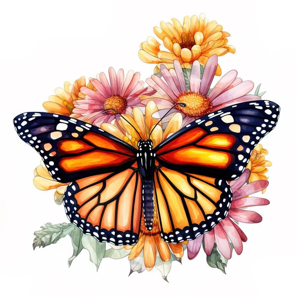 Watercolor Monarch Butterfly Clipart: Pink Flowers, Scrapbooking (JPG, PNG) — image 10