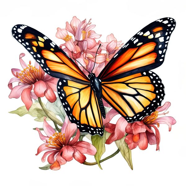 Watercolor Monarch Butterfly Clipart: Pink Flowers, Scrapbooking (JPG, PNG) — image 11