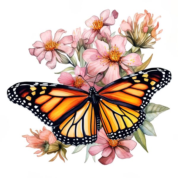 Watercolor Monarch Butterfly Clipart: Pink Flowers, Scrapbooking (JPG, PNG) — image 12