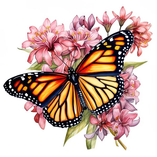 Watercolor Monarch Butterfly Clipart: Pink Flowers, Scrapbooking (JPG, PNG) — image 14