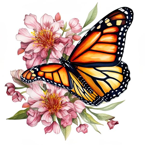 Watercolor Monarch Butterfly Clipart: Pink Flowers, Scrapbooking (JPG, PNG) — image 15