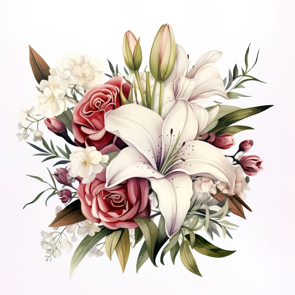 Watercolor Floral Bouquet: Roses & Lilies Clipart (JPG, PNG) — image 8