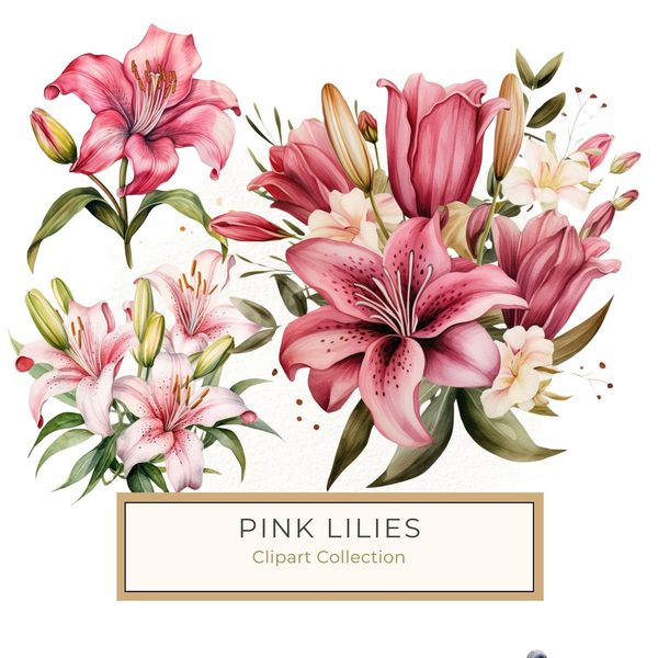 Pink Lily Bouquet Clipart: Watercolor Flowers (PNG, JPG, 300 DPI)