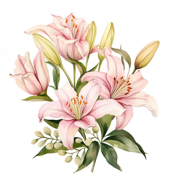 Pink Lily Bouquet Clipart: Watercolor Flowers (PNG, JPG, 300 DPI) — image 2