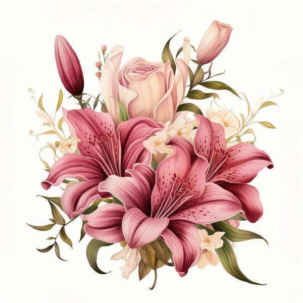 Pink Lily Bouquet Clipart: Watercolor Flowers (PNG, JPG, 300 DPI) — image 3