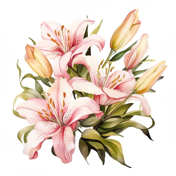 Pink Lily Bouquet Clipart: Watercolor Flowers (PNG, JPG, 300 DPI) — image 4