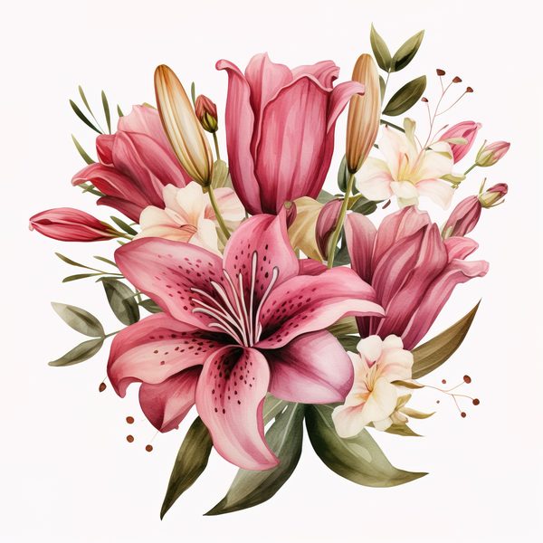Pink Lily Bouquet Clipart: Watercolor Flowers (PNG, JPG, 300 DPI) — image 9